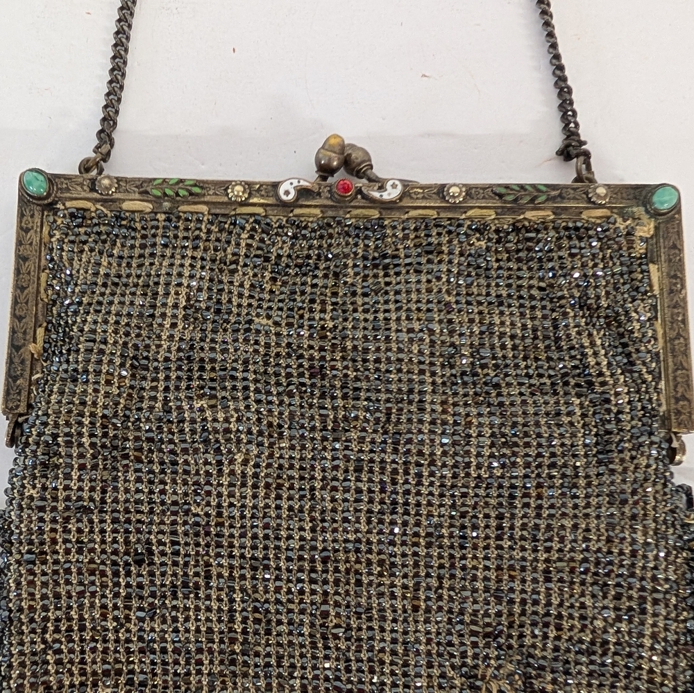 Vintage Bag Beaded Enamelware Red Rhinestone Victorian Large - Picture 16 of 16